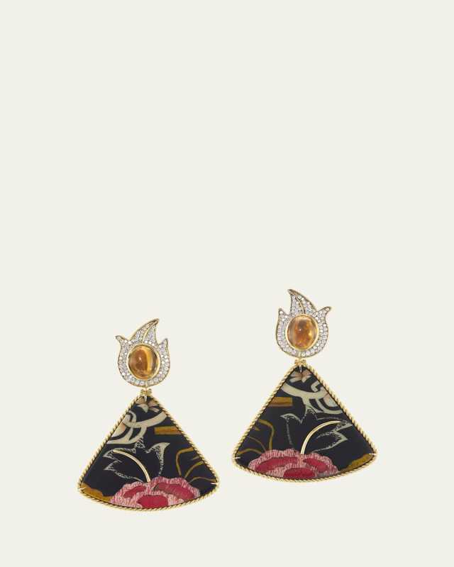 Triangle Marquetry Drop Earrings With Diamonds And Cognac Citrine